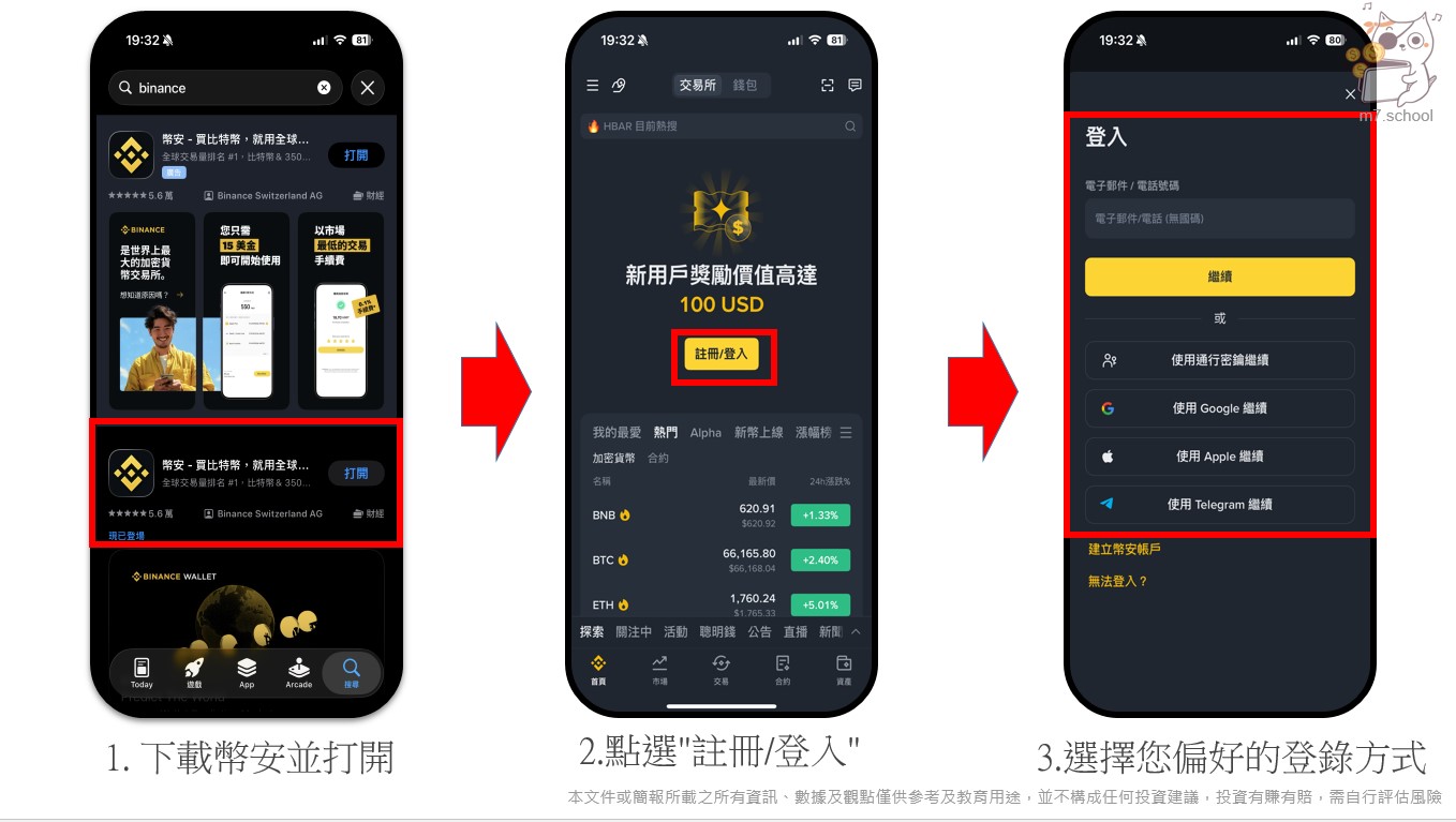 下載並打開幣安 App 後，點選「註冊／登入」，接著選擇 Email、Google、Apple 或 Telegram 等方式開始建立帳戶。