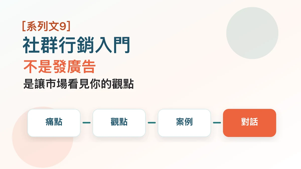 AI 產品社群行銷入門封面圖，強調不是發廣告而是讓市場看見觀點