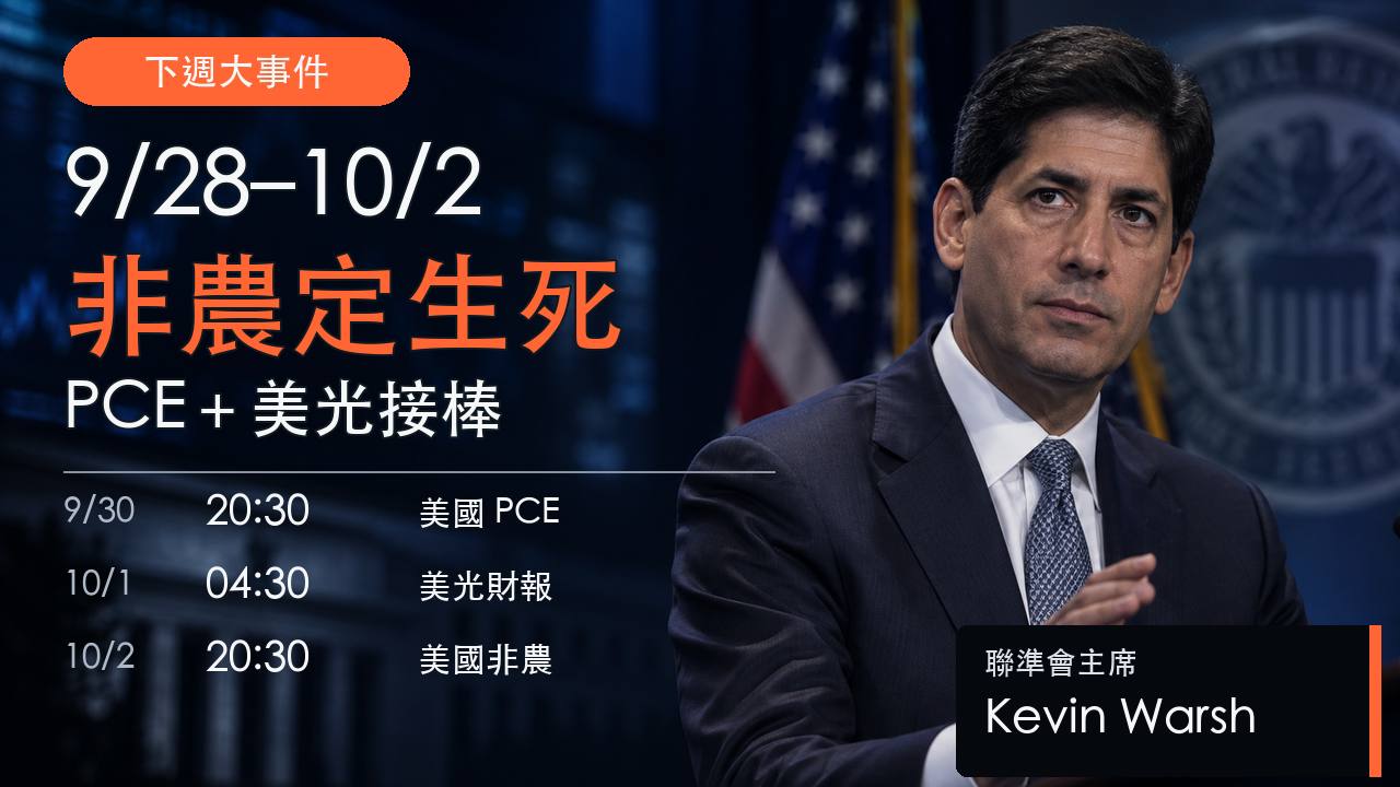9月28日至10月2日下週大事件，Fed主席Kevin Warsh與非農PCE美光三個交易時間