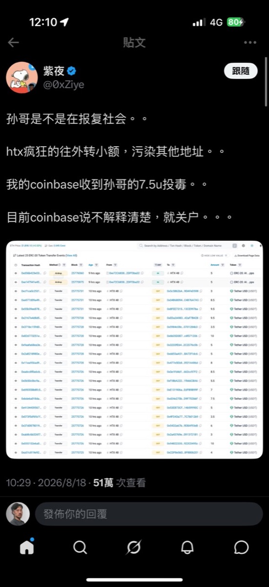 X用戶整理HTX地址密集發送小額USDT的鏈上轉帳截圖