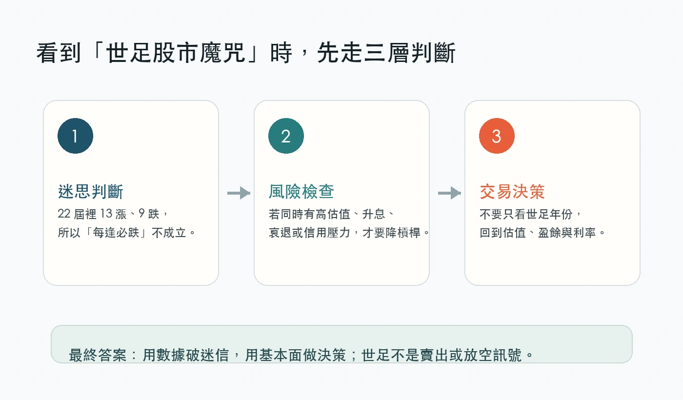 判斷世足股市魔咒是否可交易的三層決策圖