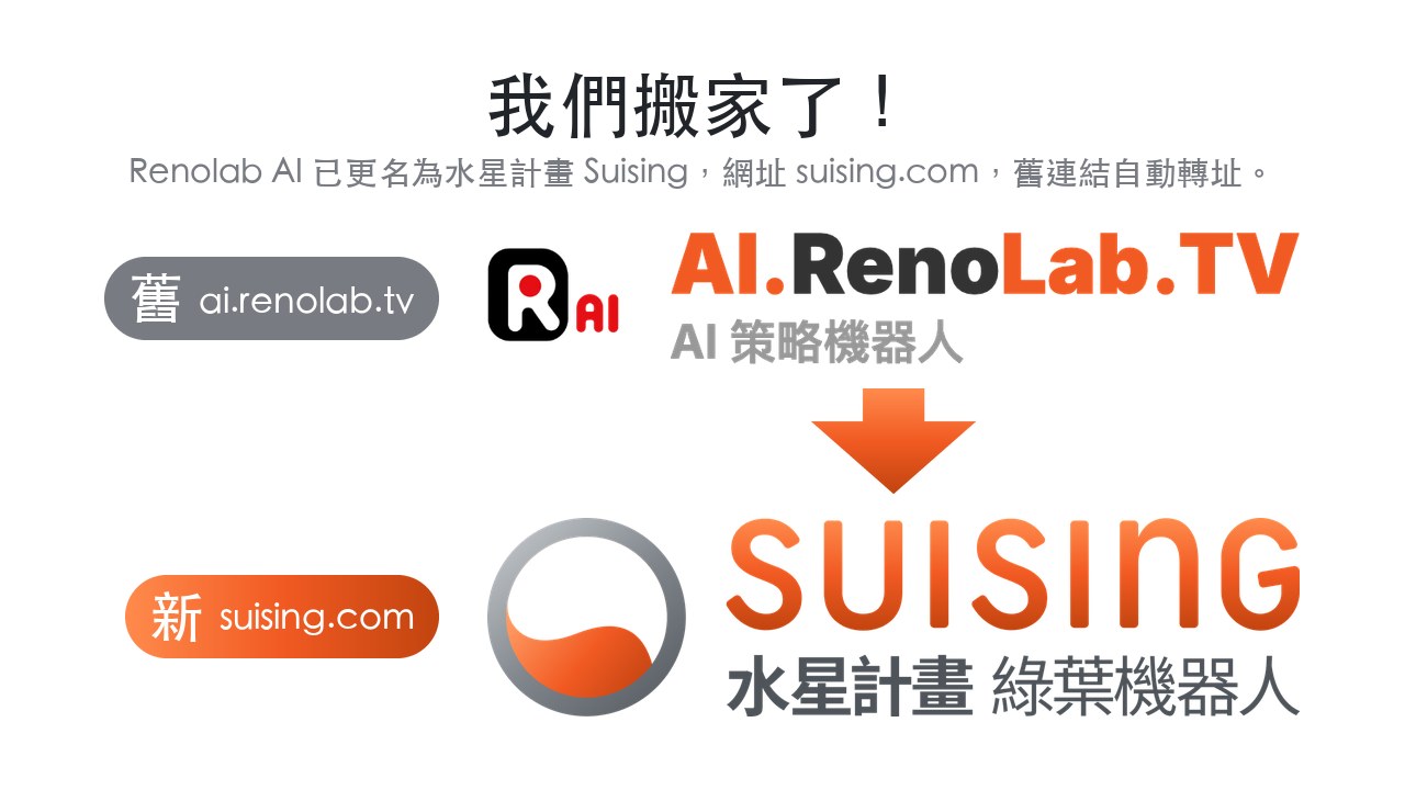 我們搬家了：舊商標 AI.RenoLab.TV（ai.renolab.tv）換成新商標水星計畫 Suising（suising.com）